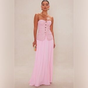New Arabella Tweed Pink Maxi Strapless Dress Size Small